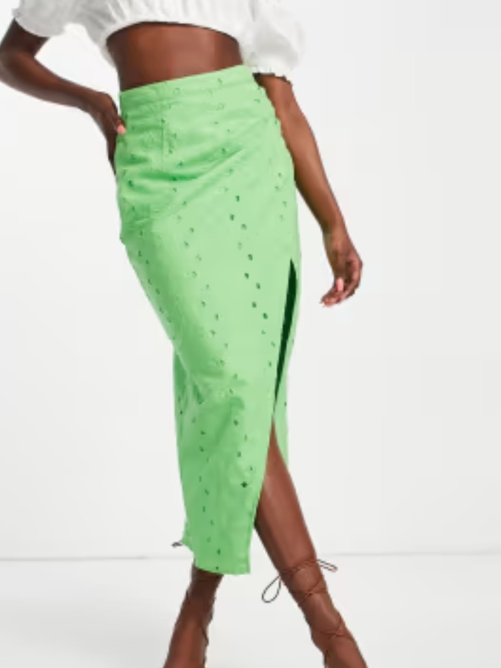 ASOS Design Eyelet Midi Skirt with Side Slit - Green 0/XS